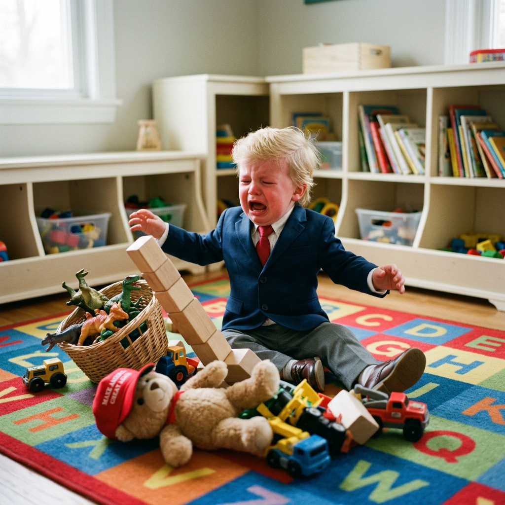 Toddler wearing a suit crying on an alphabet rug surrounded by toys