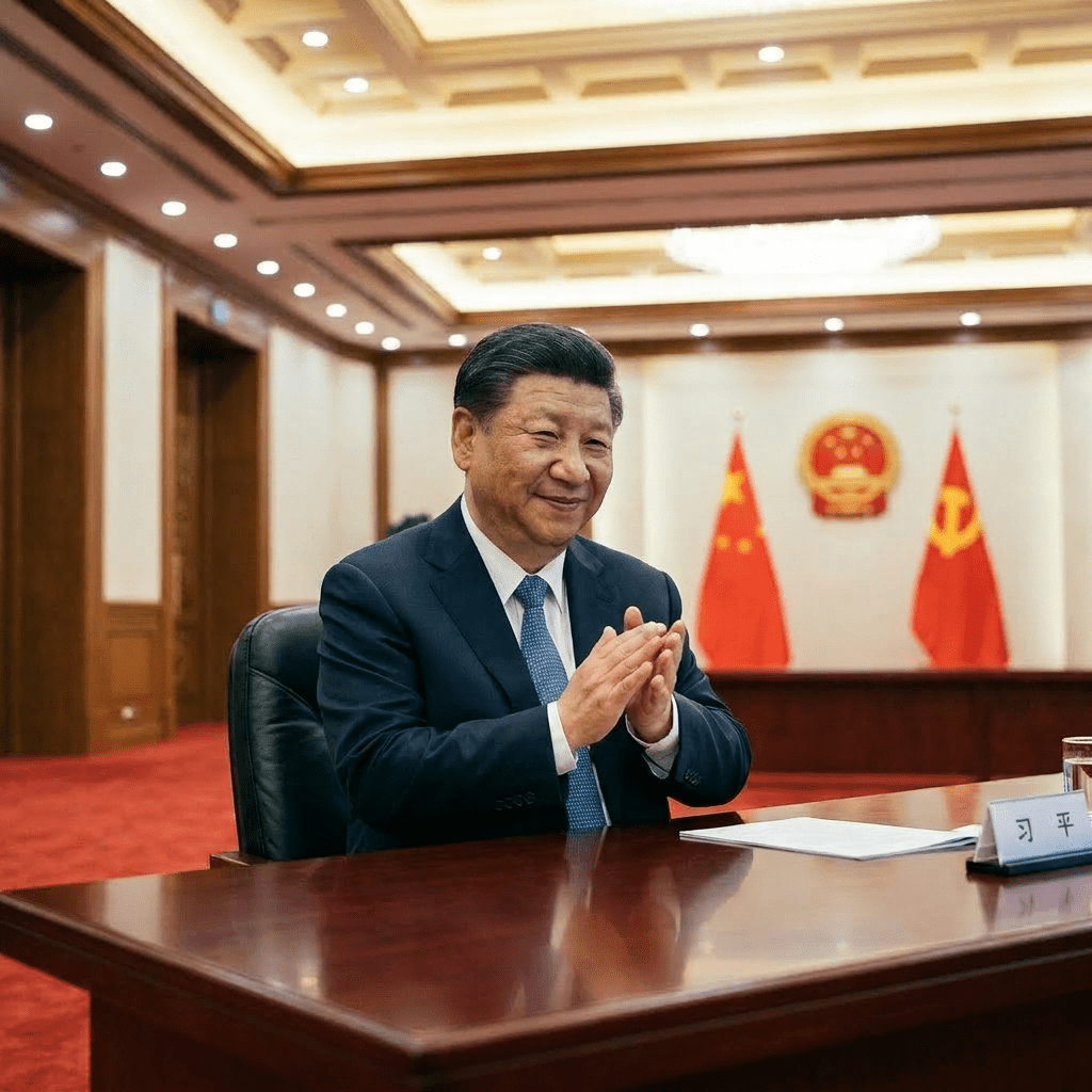 Xi Jinping and Donald Trump shaking hands at a diplomatic event with officials and flags in background